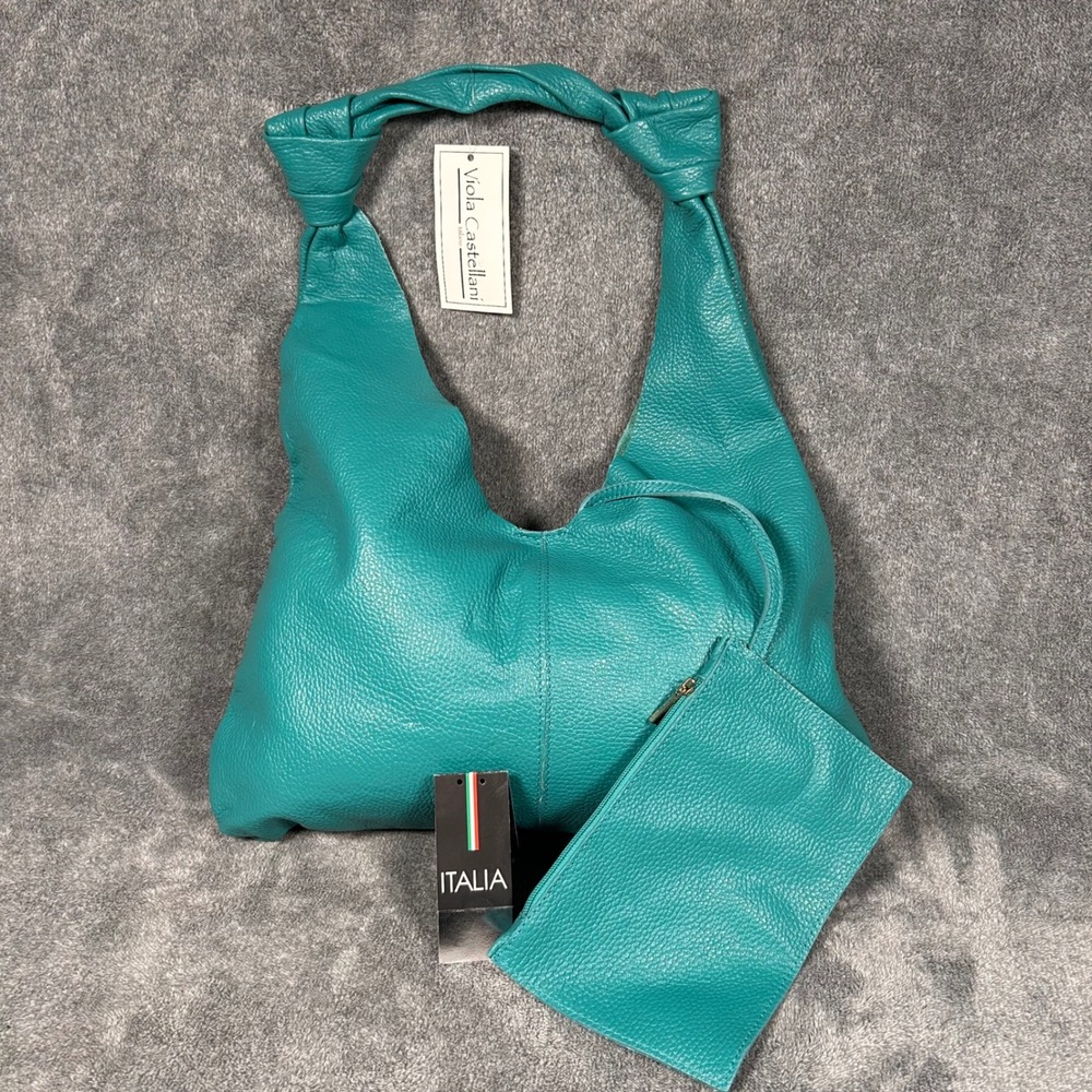 Viola Castellani Teal Leather Hobo Bag with Matching Clutch Made in Italy NWT